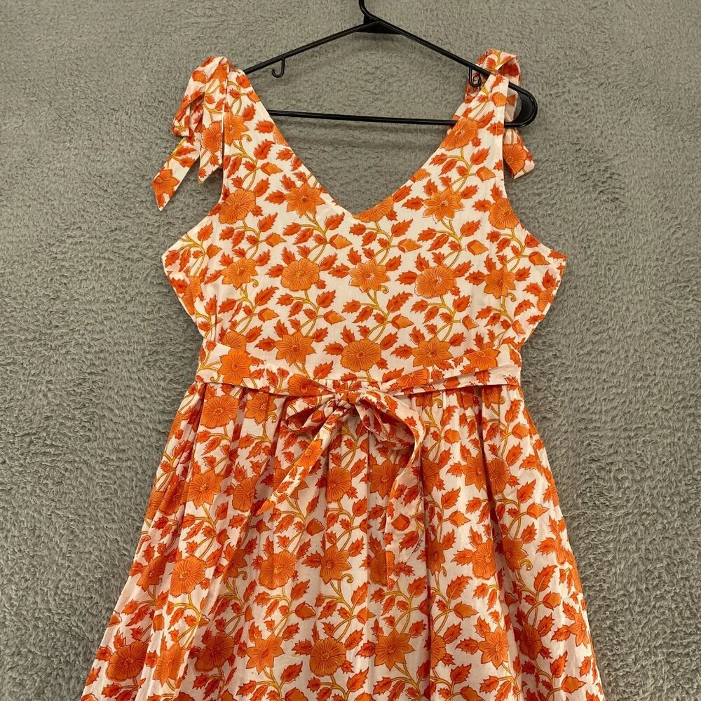 Victoria Dunn Dress Womens Floral Fit Flare Tie Sleeves Tiered Orange - Picture 10 of 12